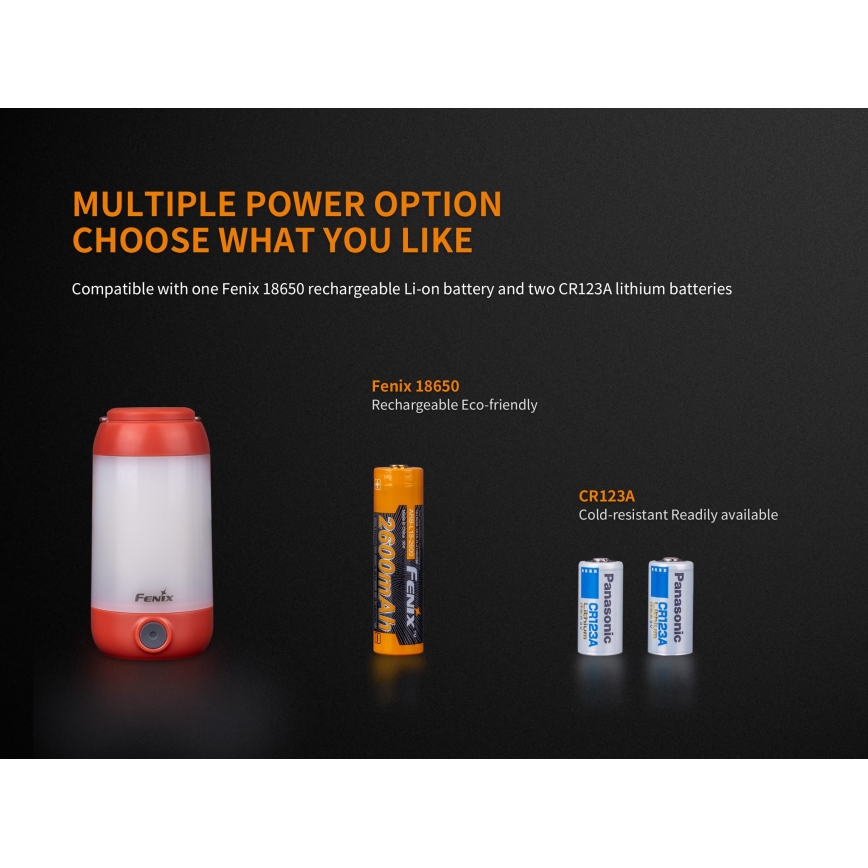 Fenix CL26RRED - LED Aptumšojama pārvietojams uzlādējams lampa LED/USB/2xCR123A IP66 400 spīdīgs 400 h 2600 mAh oranža