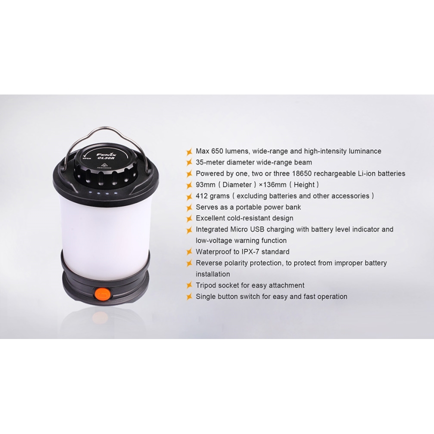 Fenix CL30R - LED Pārnēsājama uzlādējama lampa LED/USB/6xCR123A IPX7 650 lm 300 h 2600 mAh