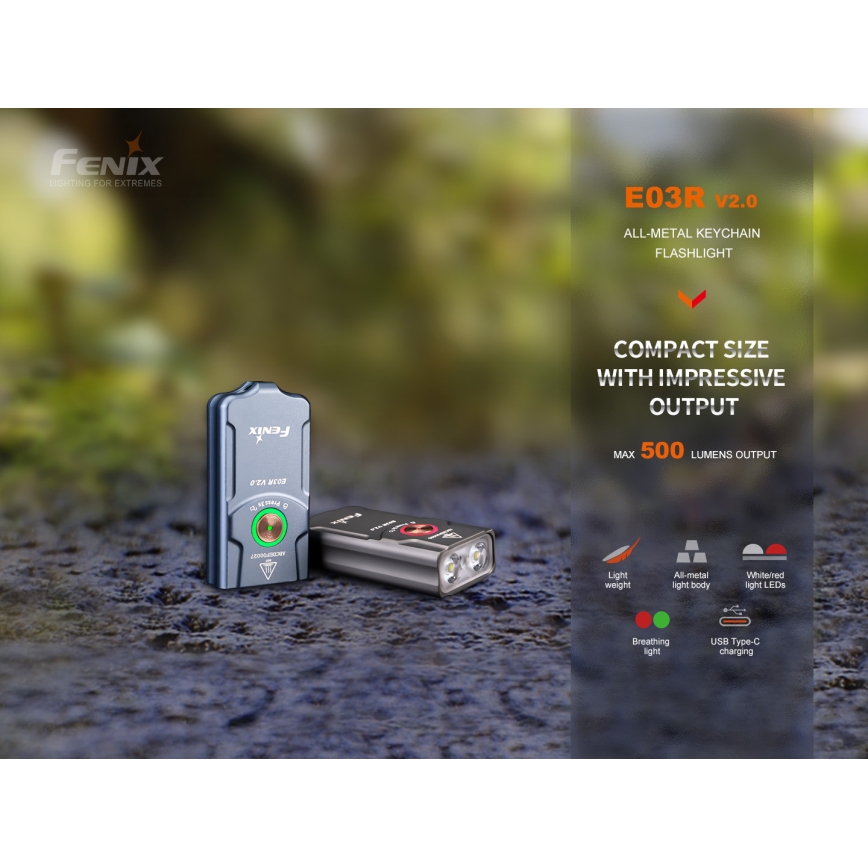Fenix E03RV20BLU - LED Uzlādējams lukturis LED/USB IP66 500 lm 30 h 400 mAh