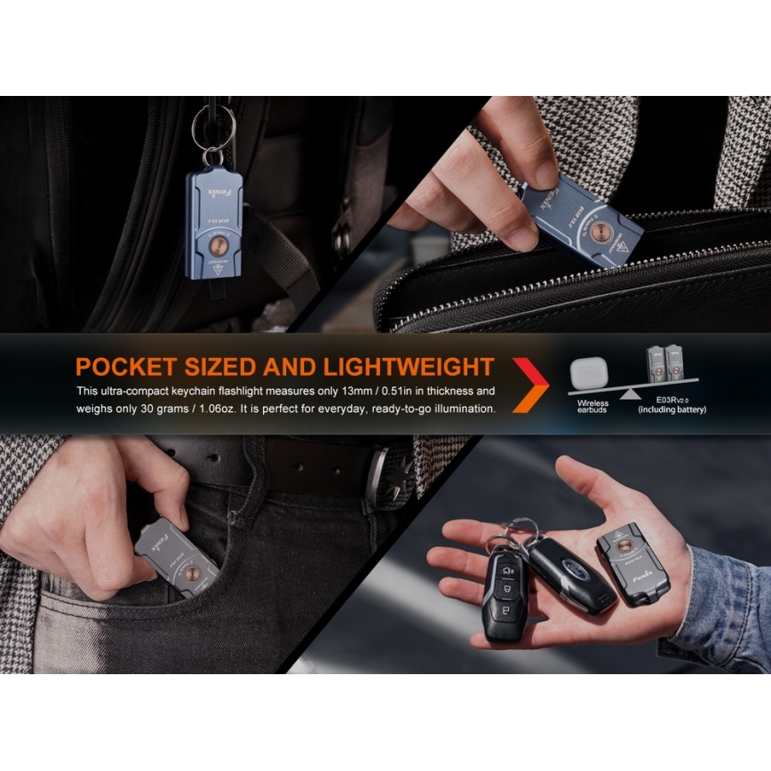 Fenix E03RV20BLU - LED Uzlādējams lukturis LED/USB IP66 500 lm 30 h 400 mAh