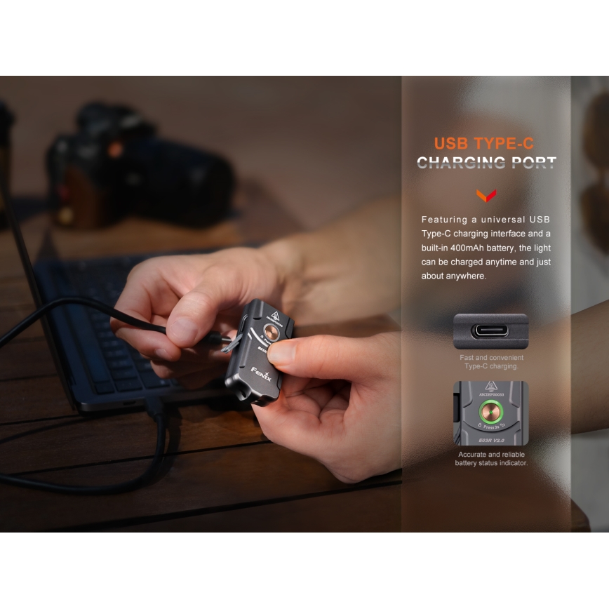 Fenix E03RV20BLU - LED Uzlādējams lukturis LED/USB IP66 500 lm 30 h 400 mAh