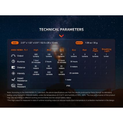 Fenix E03RV20BLU - LED Uzlādējams lukturis LED/USB IP66 500 lm 30 h 400 mAh