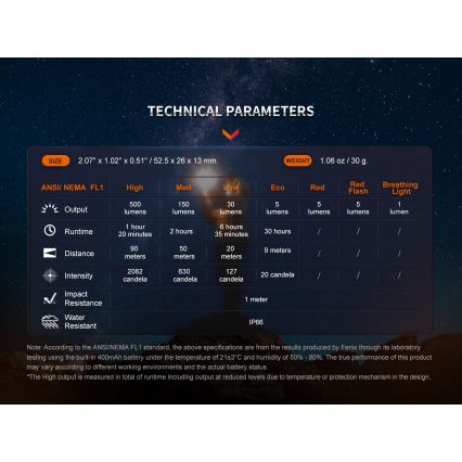 Fenix E03RV20GREY - LED Uzlādējams lukturis LED/USB IP66 500 spīdīgs 30 h 400 mAh