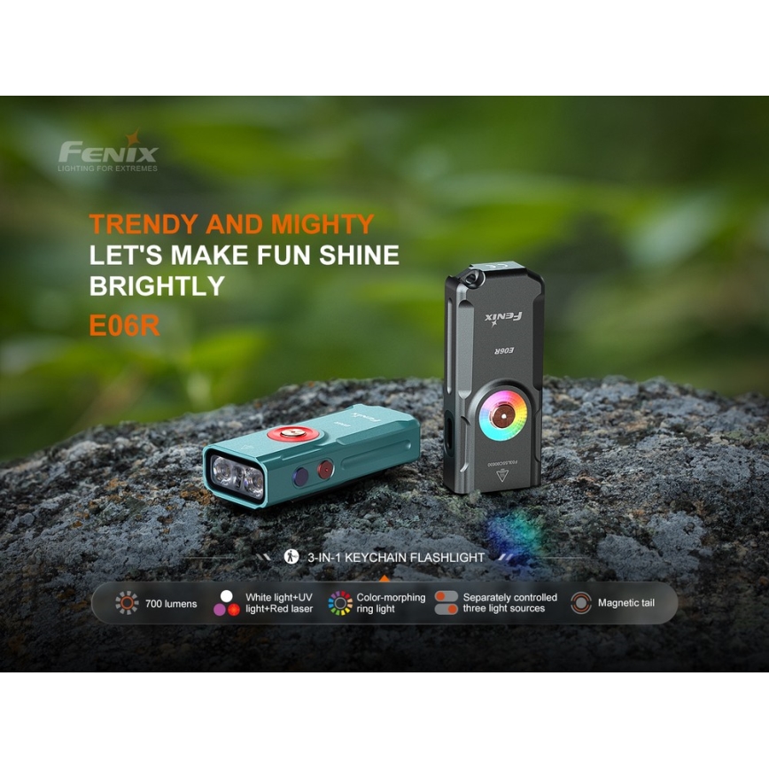 Fenix E06RGRY - LED Aptumšojama uzlādējams lukturītis UV LED/USB IP66 700 spīdīgs 60 h 750 mAh pelēka