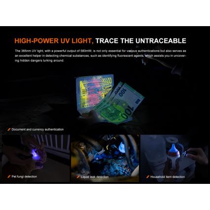 Fenix E06RGRY - LED Aptumšojama uzlādējams lukturītis UV LED/USB IP66 700 spīdīgs 60 h 750 mAh pelēka