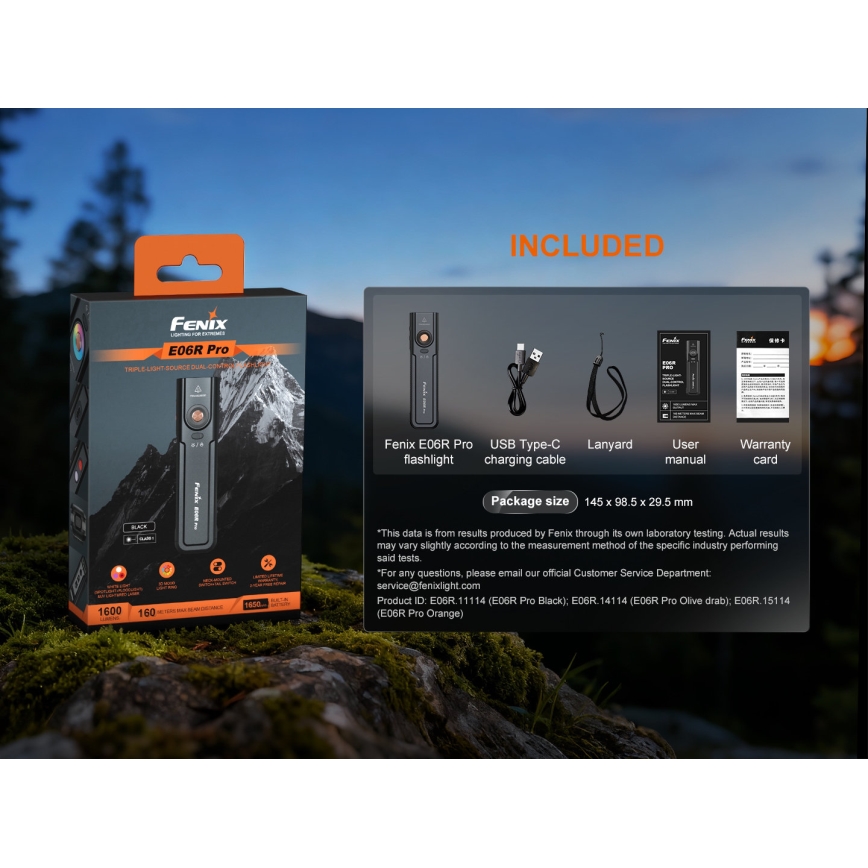 Fenix E06RPROEUBLC- Regulējams LED uzlādējamais lukturis LED/USB 1650 mAh IP66 1600 lm 111 h melns