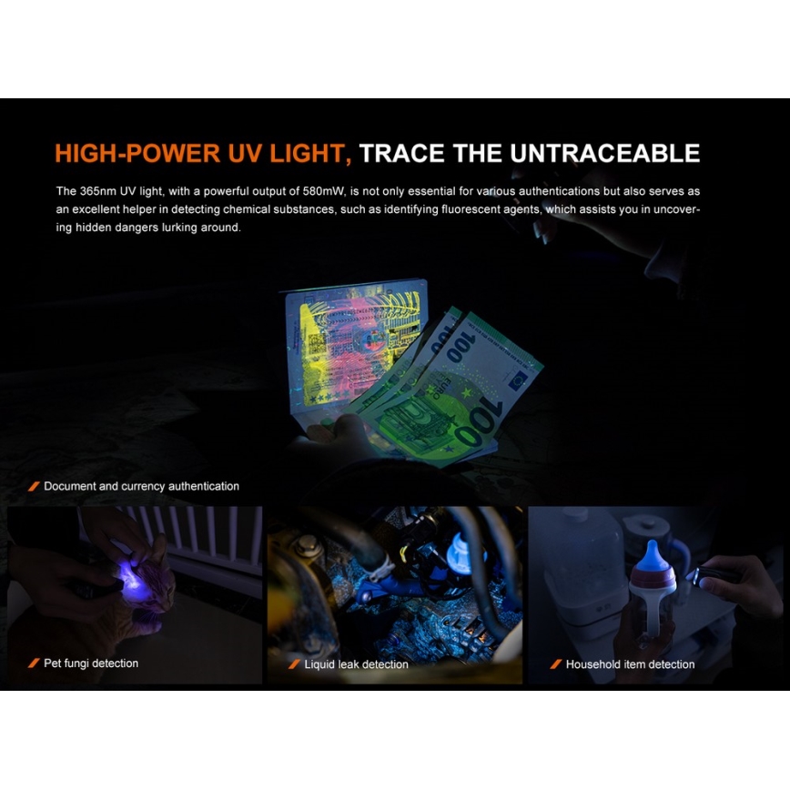 Fenix E06RTKS - LED Aptumšojama uzlādējams lukturītis UV LED/USB IP66 700 lm 60 h 750 mAh tirkīza