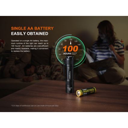Fenix E12V30 - regulējams LED uzlādējamais lukturis LED/1xAA 2000 mAh IP68 200 lm 100 h melns