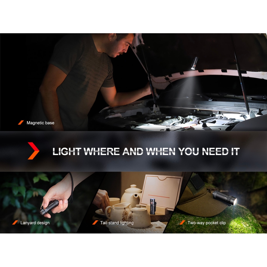Fenix E18RV20800 - LED uzlādējamais lukturis ar regulējamu spilgtumu LED/USB/1xCR123A 800 mAh IP68 1200 lm 200 h melns