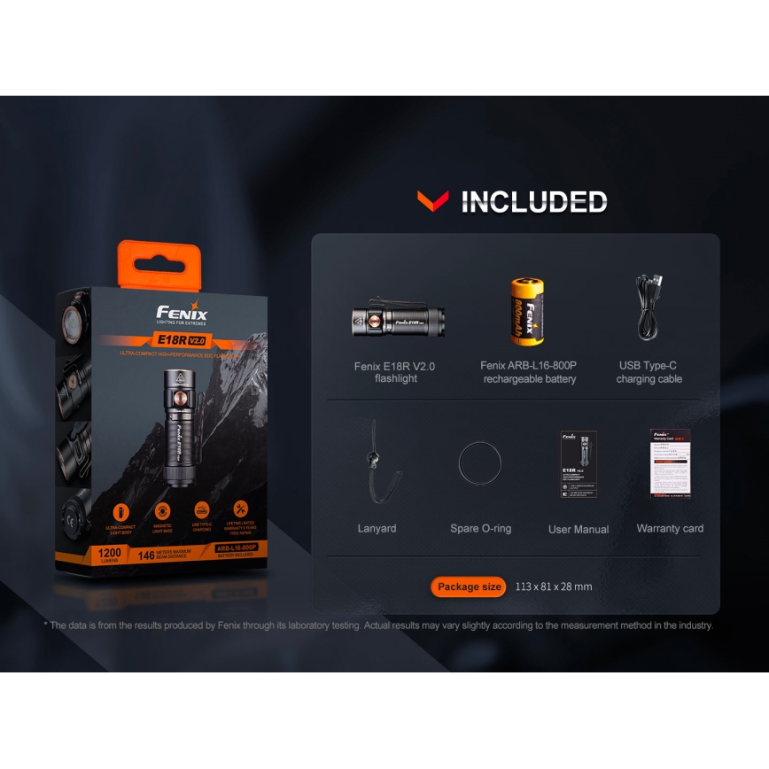 Fenix E18RV20800 - LED uzlādējamais lukturis ar regulējamu spilgtumu LED/USB/1xCR123A 800 mAh IP68 1200 lm 200 h melns