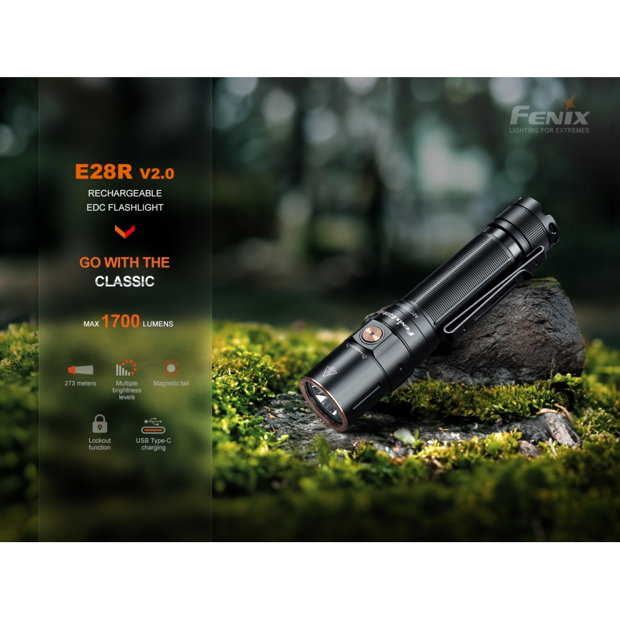 Fenix E28RV20 - LED Aptumšojama uzlādējams lukturītis LED/USB/2xCR123A IP68 1700 spīdīgs 260 h 3400 mAh
