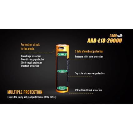 Fenix FE18650LI26USB - 1 gab. USB uzlādējamais akumulators, 3,6 V, 2600 mAh