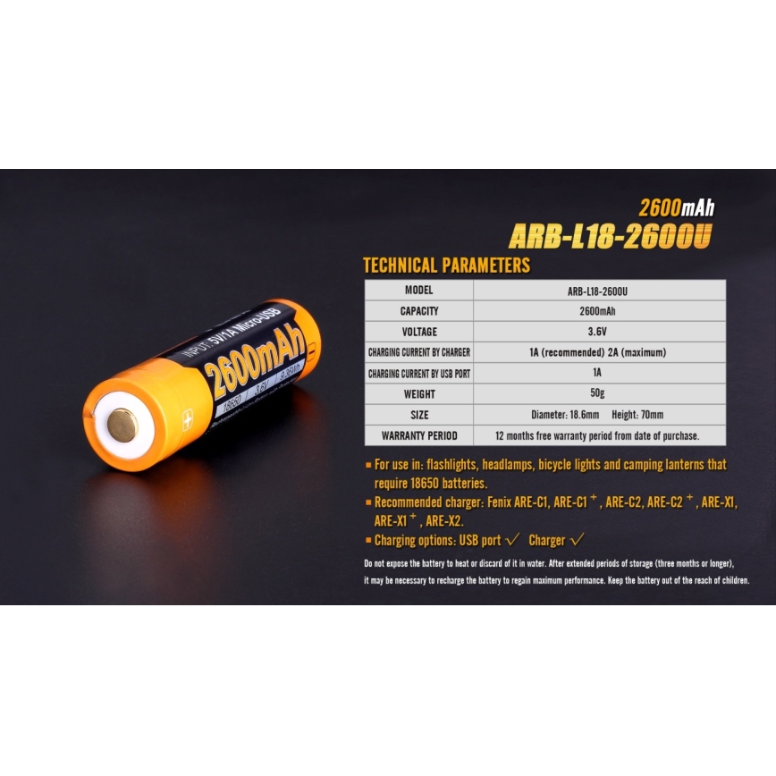 Fenix FE18650LI26USB - 1 gab. USB uzlādējamais akumulators, 3,6 V, 2600 mAh