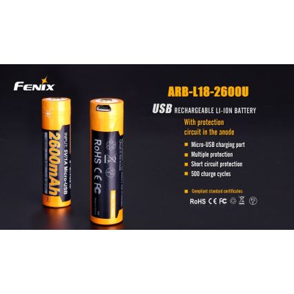 Fenix FE18650LI26USB - 1gab Uzlādējama baterija USB/3,6V 2600 mAh