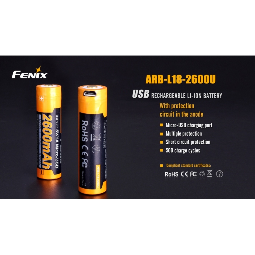 Fenix FE18650LI26USB - 1gab Uzlādējama baterija USB/3,6V 2600 mAh