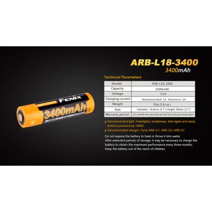 Fenix FE18650LI34 - 1 gab. Uzlādējamais 18650 akumulators, 3,6 V, 3400 mAh
