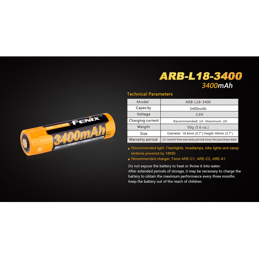 Fenix FE18650LI34 - 1 gab. Uzlādējamais 18650 akumulators, 3,6 V, 3400 mAh