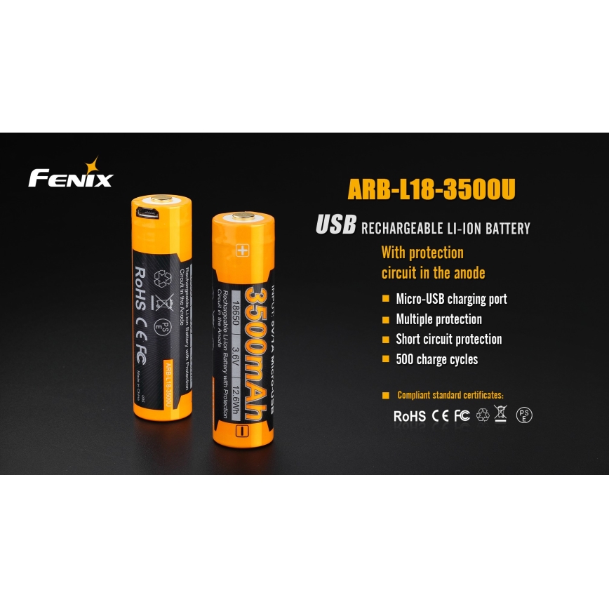 Fenix FE18650LI35USB - 1 gab. Uzlādējamais Li‑ion akumulators USB/3,6V 3500 mAh
