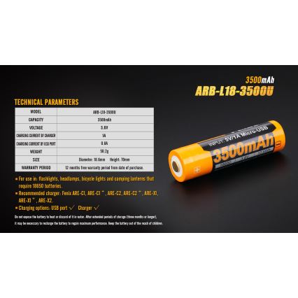Fenix FE18650LI35USB - 1 gab. Uzlādējamais Li‑ion akumulators USB/3,6V 3500 mAh