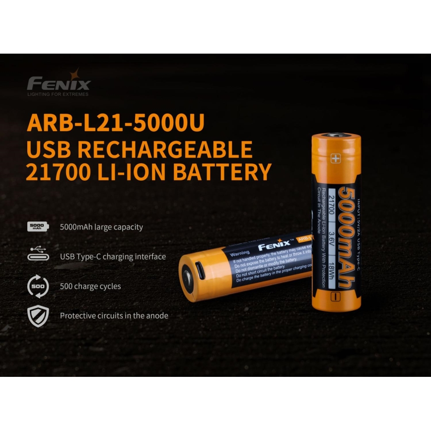 Fenix FE21700USB - 1 gab. Uzlādējama baterija USB/3,6V 5000 mAh