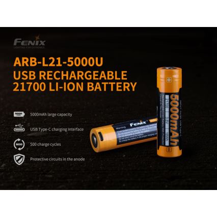 Fenix FE21700USB - 1 gab. Uzlādējamais akumulators USB/3,6V 5000 mAh