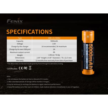 Fenix FE21700USB - 1 gab. Uzlādējamais akumulators USB/3,6V 5000 mAh