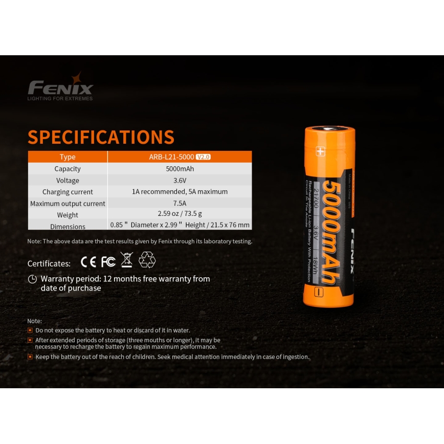 Fenix FE21700V20 - 1 gab. Uzlādējamais 21700 akumulators, 3,6 V, 5000 mAh