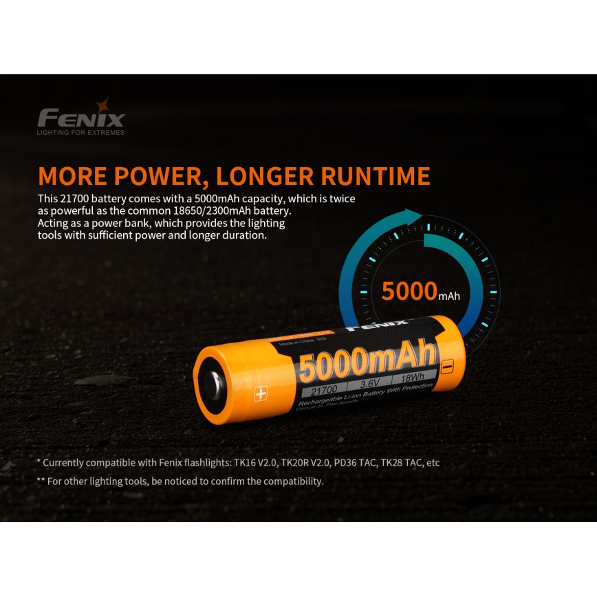 Fenix FE21700V20 - 1 gab. Uzlādējamais akumulators 21700/3,6 V 5000 mAh