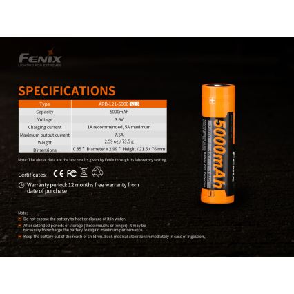 Fenix FE21700V20 - 1 gab. Uzlādējamais akumulators 21700/3,6 V 5000 mAh