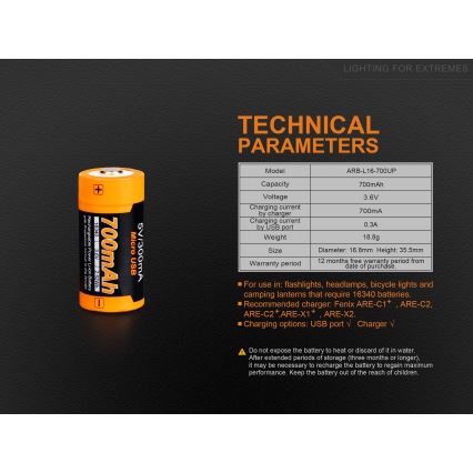 Fenix FERCR123ALIIONUP - 1 gab. USB uzlādējams Li‑jonu akumulators, 3,6 V, 700 mAh