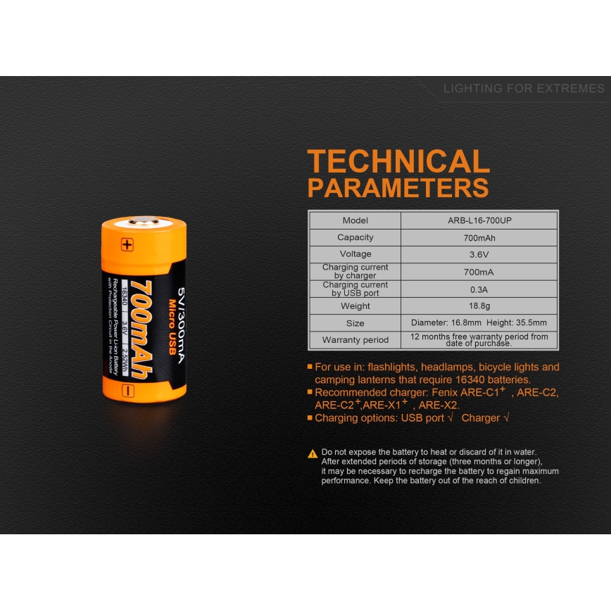 Fenix FERCR123ALIIONUP - 1 gab. USB uzlādējams Li‑jonu akumulators, 3,6 V, 700 mAh