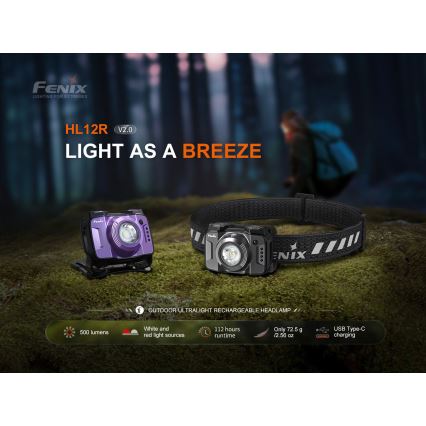 Fenix HL12RV20BLC - LED regulējama uzlādējama galvas lampa LED/USB 950 mAh IP66 500 lm 112 h melna