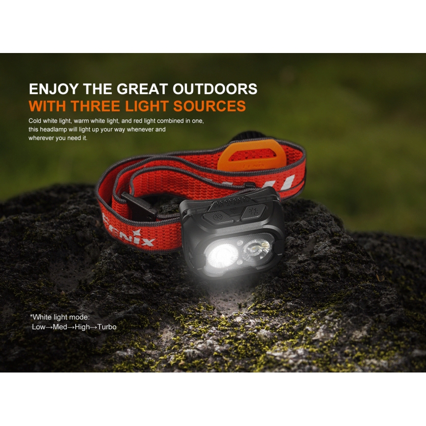 Fenix HL18RTV20BLC - LED Aptumšojama uzlādējams galvas lampa LED/USB/3xAAA IP66 800 lm 160 h 1900 mAh melna/oranža