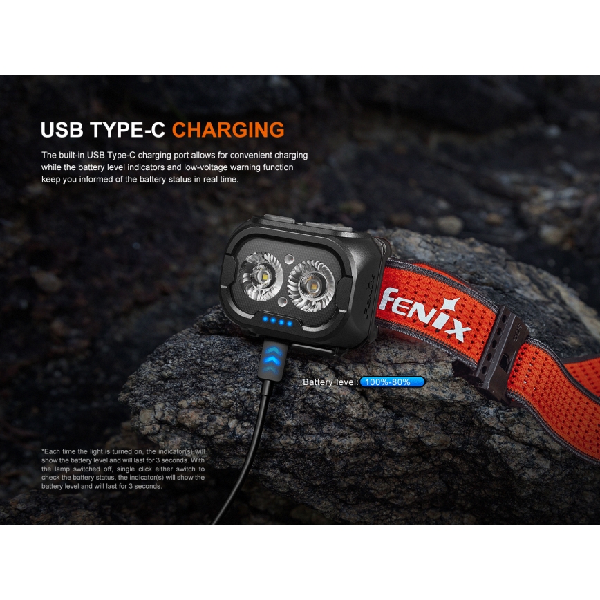 Fenix HL18RTV20BLC - LED Aptumšojama uzlādējams galvas lampa LED/USB/3xAAA IP66 800 lm 160 h 1900 mAh melna/oranža