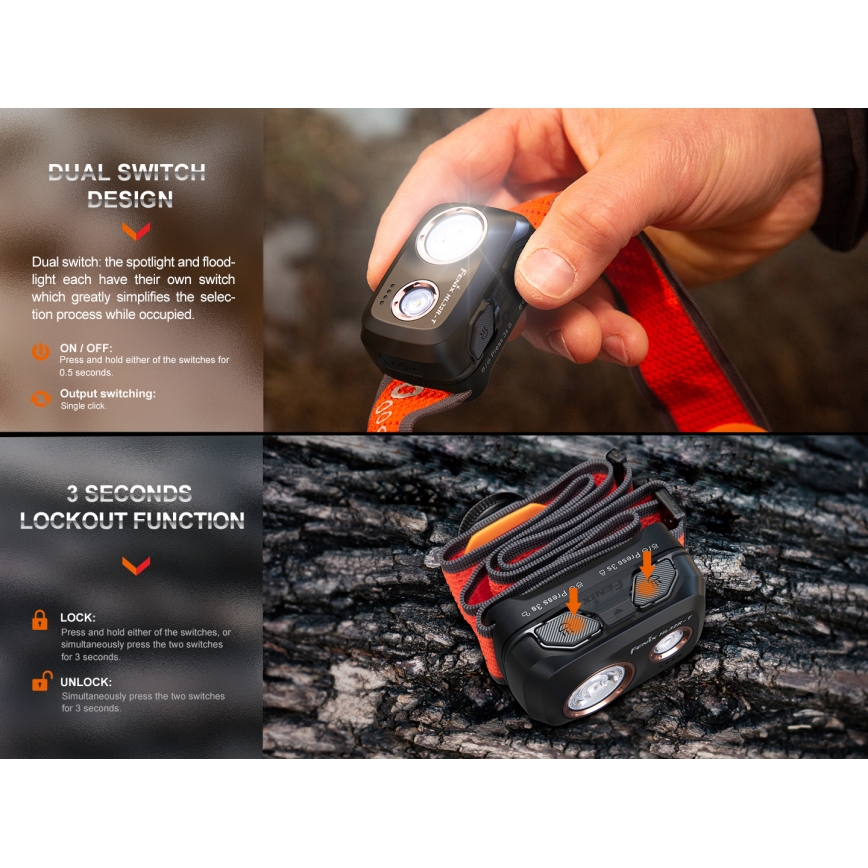 Fenix HL32RTRED - LED Uzlādējama galvas lampa LED/USB/3xAAA IP66 800 lm 300 h sarkana/oranža