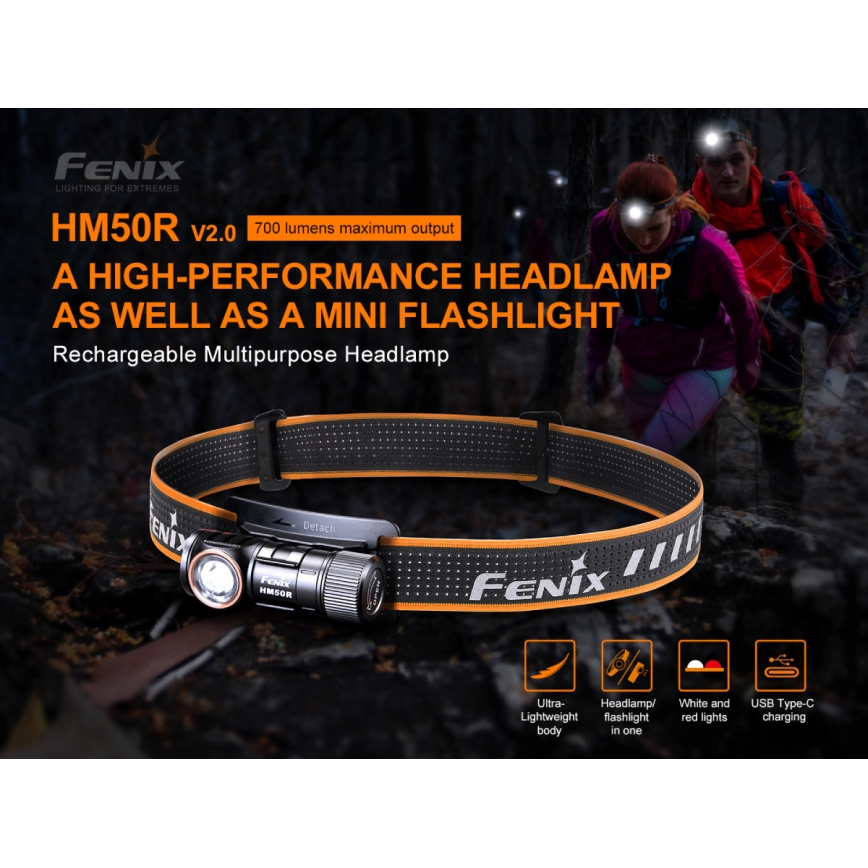 Fenix HM50RV20 - LED Uzlādējama galvas lampa 3xLED/USB/1xCR123A IP68 700 spīdīgs 120 h 700 mAh