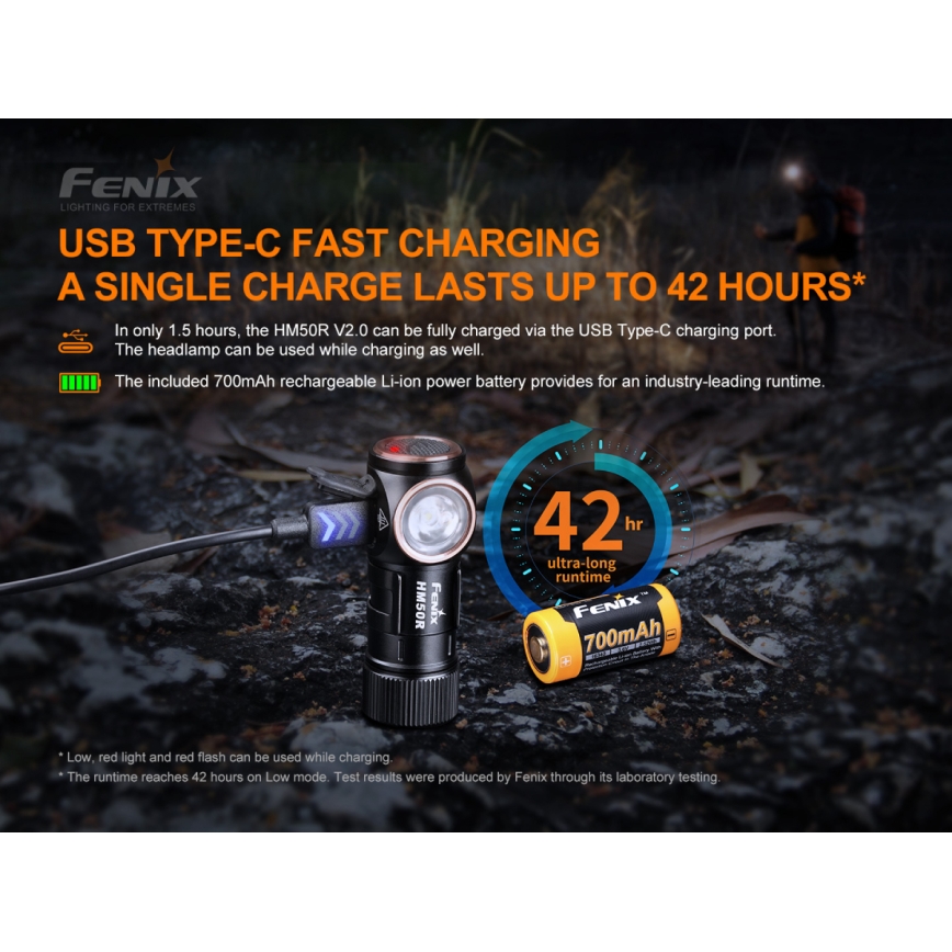 Fenix HM50RV20 - LED Uzlādējama galvas lampa 3xLED/USB/1xCR123A IP68 700 spīdīgs 120 h 700 mAh