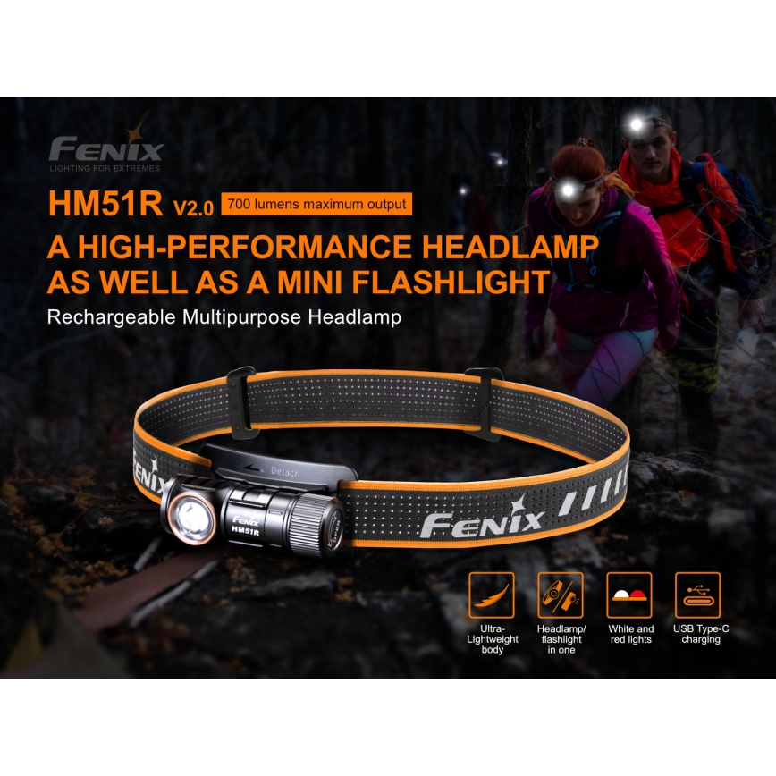 Fenix HM51RV20 - LED Uzlādējama galvas lampa 3xLED/1xCR123A/USB IP68 700 spīdīgs 120 h 700 m