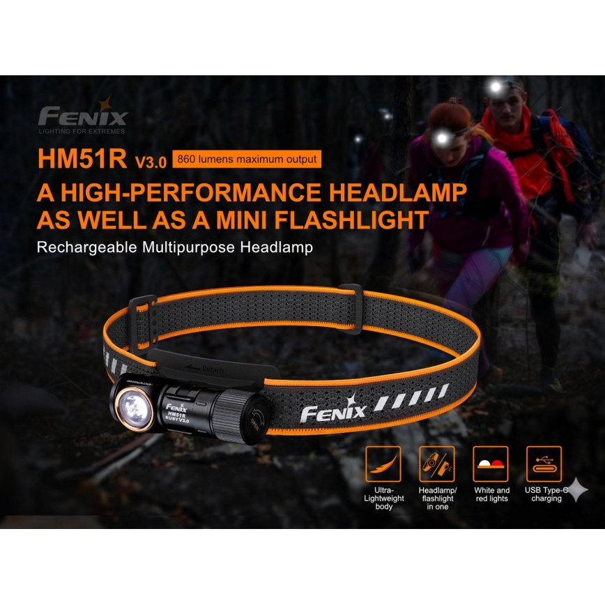 Fenix HM51RV30 - LED regulējams, uzlādējamais galvas lukturis LED/USB/1xCR123A 950 mAh IP68 860 lm 125 h oranžs