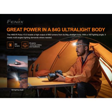 Fenix HM51RV30 - LED regulējams, uzlādējamais galvas lukturis LED/USB/1xCR123A 950 mAh IP68 860 lm 125 h oranžs