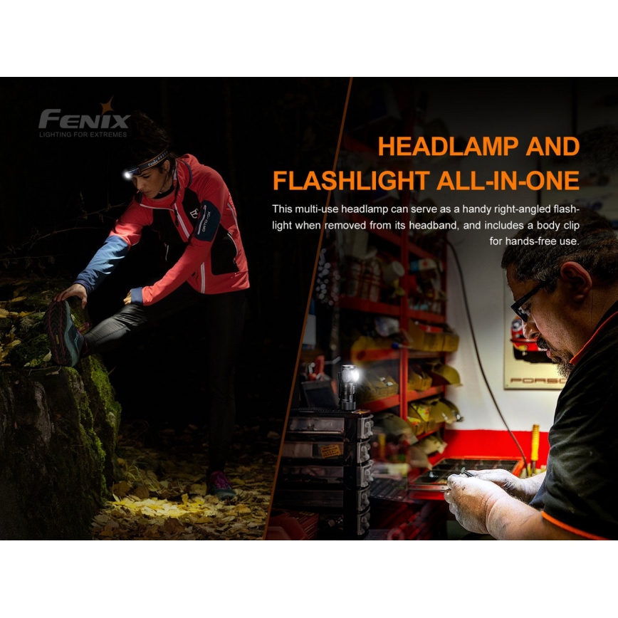 Fenix HM51RV30 - LED regulējams, uzlādējamais galvas lukturis LED/USB/1xCR123A 950 mAh IP68 860 lm 125 h oranžs