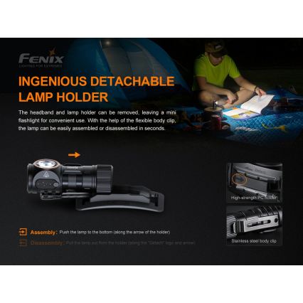 Fenix HM51RV30 - LED regulējams, uzlādējamais galvas lukturis LED/USB/1xCR123A 950 mAh IP68 860 lm 125 h oranžs