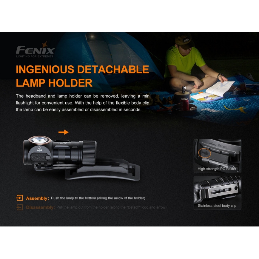 Fenix HM51RV30 - LED regulējams, uzlādējamais galvas lukturis LED/USB/1xCR123A 950 mAh IP68 860 lm 125 h oranžs