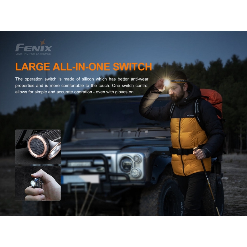 Fenix HM51RV30 - LED regulējams, uzlādējamais galvas lukturis LED/USB/1xCR123A 950 mAh IP68 860 lm 125 h oranžs
