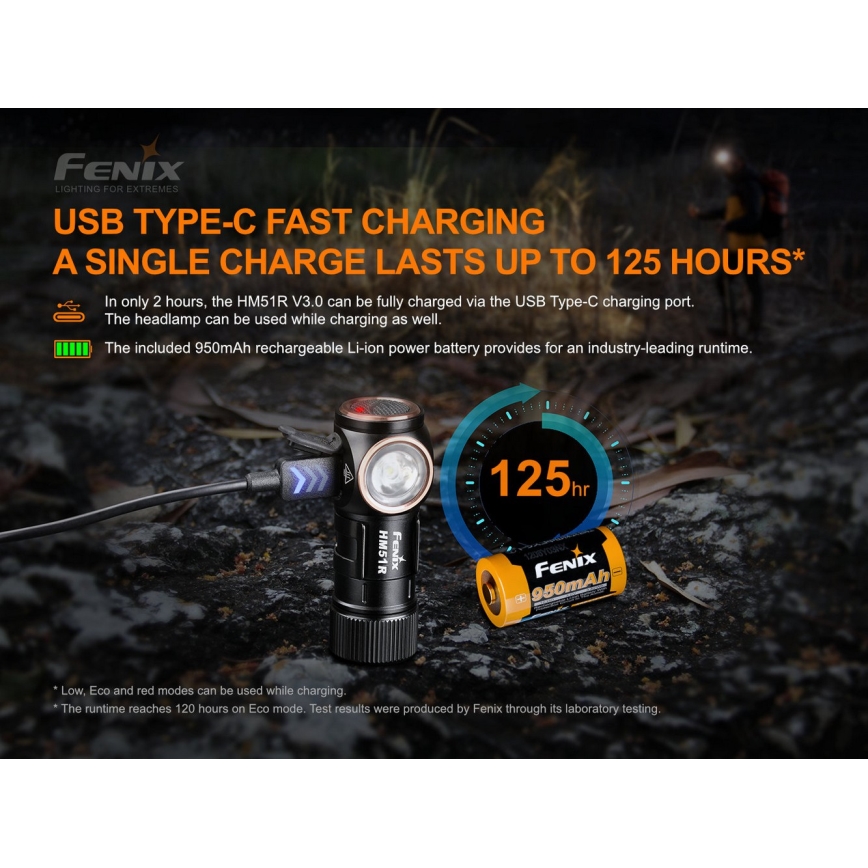 Fenix HM51RV30 - LED regulējams, uzlādējamais galvas lukturis LED/USB/1xCR123A 950 mAh IP68 860 lm 125 h oranžs