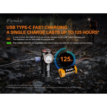 Fenix HM51RV3ABL - LED uzlādējama galvas lampa ar regulējamu spilgtumu LED/USB/1xCR123A 950 mAh IP68 860 lm 125 h melna