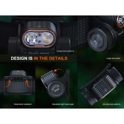 Fenix HM55RABL - LED ar regulējamu spilgtumu uzlādējams galvas lukturis LED/USB/1xCR123A 1600 mAh IP68 1200 lm 141,2 h melns