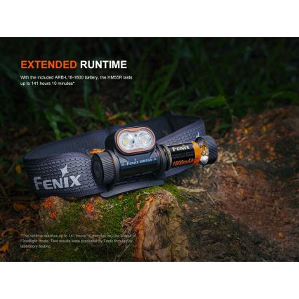 Fenix HM55RABL - LED ar regulējamu spilgtumu uzlādējams galvas lukturis LED/USB/1xCR123A 1600 mAh IP68 1200 lm 141,2 h melns