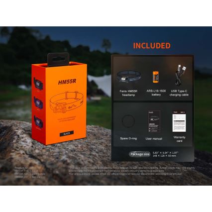 Fenix HM55RABL - LED ar regulējamu spilgtumu uzlādējams galvas lukturis LED/USB/1xCR123A 1600 mAh IP68 1200 lm 141,2 h melns