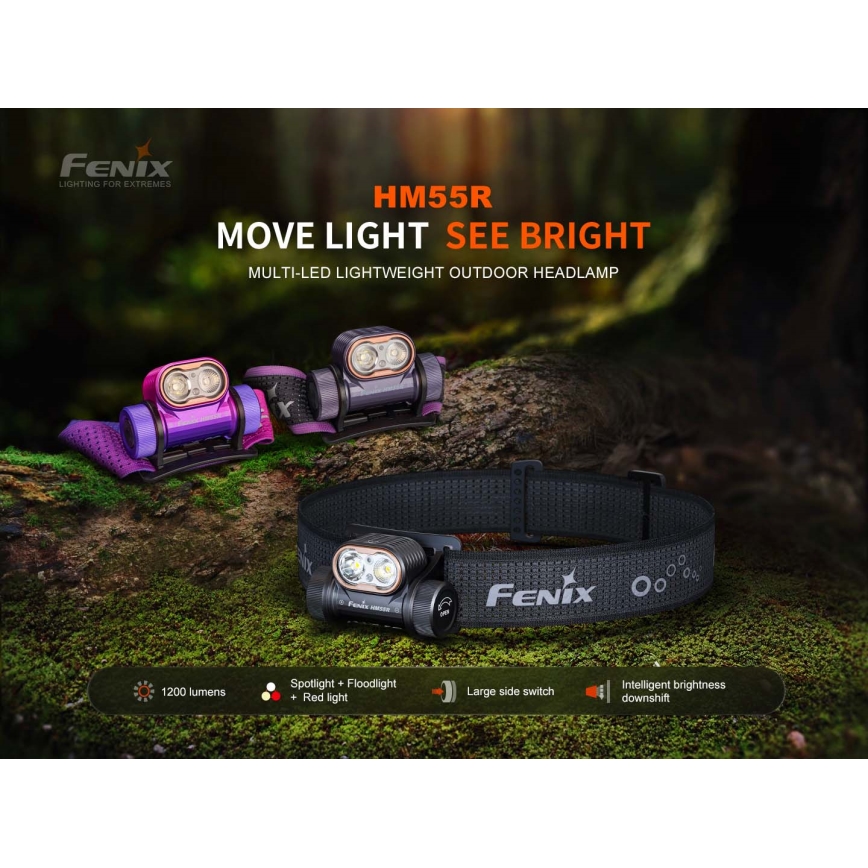 Fenix HM55RNBL - LED ar regulējamu spilgtumu uzlādējamā galvas lampa LED/USB/1xCR123A 1600 mAh IP68 1200 lm 141,2 h violeta